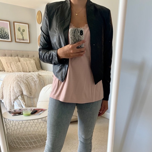 alice + olivia Collarless Genuine Leather Jacket - Picture 1 of 4